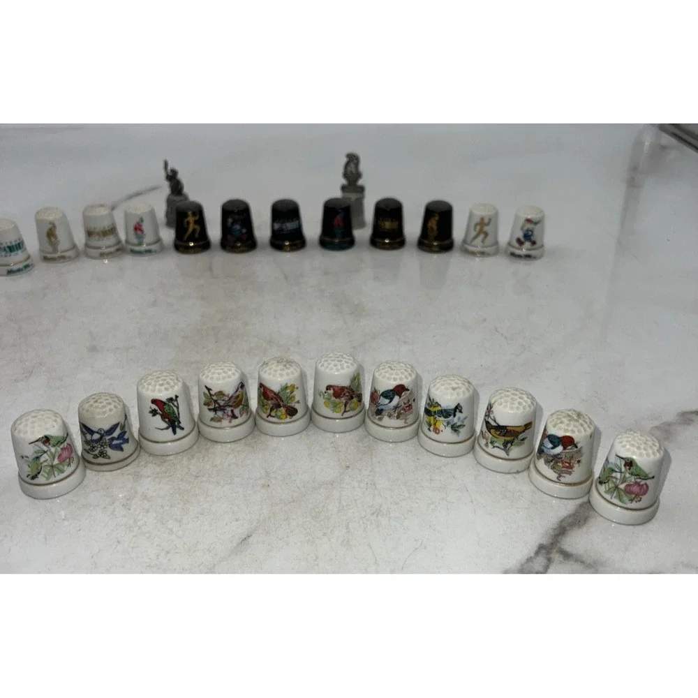 Vtg Thimbles Ceramic Metal, Cloisonné, Olympics, Birds, Advertising Lot of 44